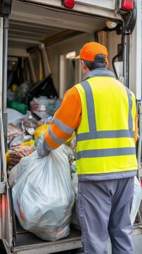 Garbage pickup man loading waste into truck, efficient waste management operation