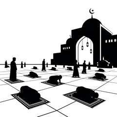 Muslims praying on mats outside a grand mosque at dawn or dusk, depicting communal worship and spiritual reflection.