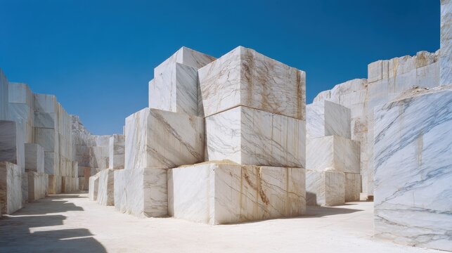 Large white marble blocks with natural veining stacked in an industrial quarry under a clear blue sky, depicting the raw material extraction process for architectural and building projects