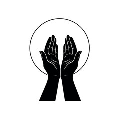 Praying hands silhouette within a circle, symbolizing supplication, faith, and spiritual connection in Islam.