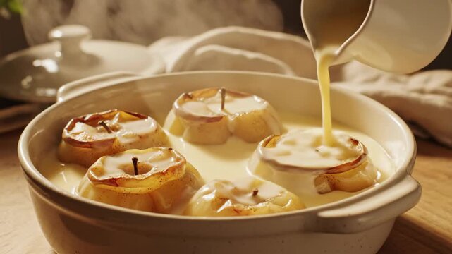 Delicious Baked Apples with Creamy Sauce Being Poured Over Them.