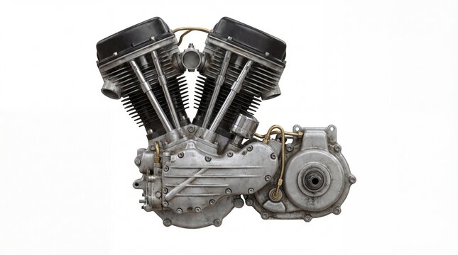Vintage V-twin motorcycle engine isolated on white background, powerful and classic design.