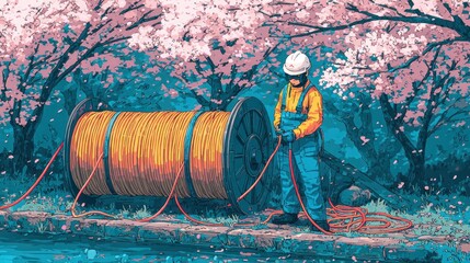 A worker tends a large reel of cable beside a tranquil waterway, surrounded by blossoming cherry trees