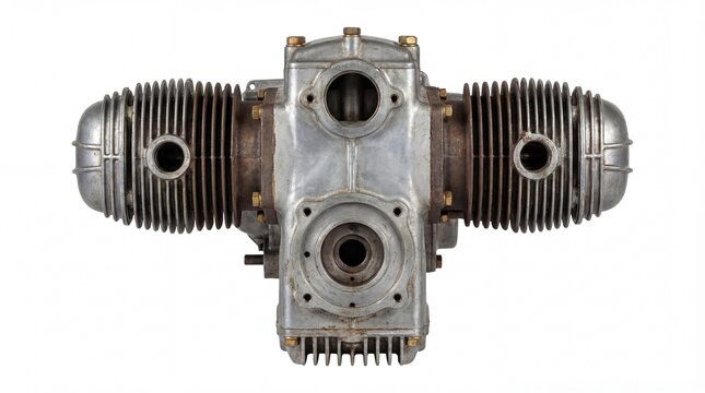 Vintage Boxer Engine Isolated on White Background, Front View of a Classic Motorcycle or Aircraft Engine.