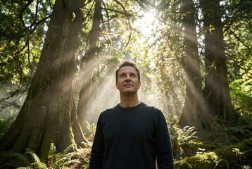 Naklejka premium A man stands among tall trees in a forest. Sunlight shines through leaves, creating bright rays. The scene shows the man looking upward in a natural setting during the day