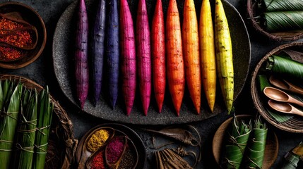 Colorful root vegetables arranged on a dark plate, surrounded by spices and traditional containers