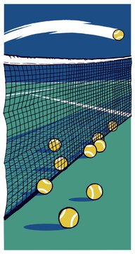 Tennis balls under the net on the empty court.