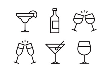 A collection of simple black line art icons depicting various alcoholic beverages and glasses