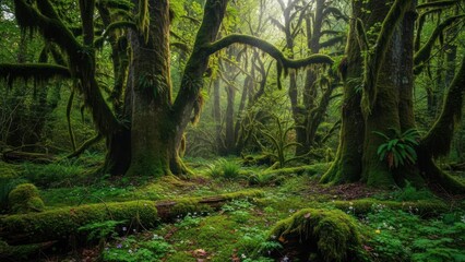 Fototapeta premium Lush, dense forest scene with moss-covered trees, dappled light, and vibrant green undergrowth
