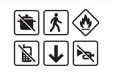 A collection of six black and white warning and prohibition signs depicting various hazards
