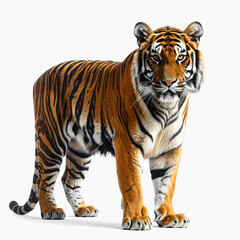 Obraz premium Powerful Bengal Tiger Standing and Looking Forward on White Background