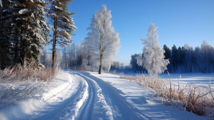 Obraz premium Landscape snowmobile track on a winter morning in a snowy forest
