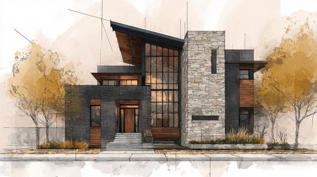 Contemporary two story house exterior with dark brick, natural stone cladding, large glass windows and warm wooden accents beneath an angled roof, sketched trees and landscaped front yard