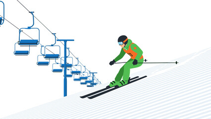 Dynamic skiing adventure on snowy slopes with ski lifts in flat style