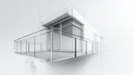 Building project design showing a conceptual sketch developing into a contemporary building with a glass balcony, highlighting architectural planning and development