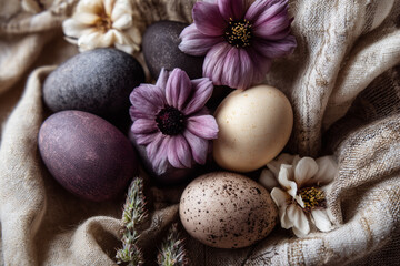 Natural dyed Easter eggs arranged with spring flowers and textured linen fabric. Rustic eco-friendly Easter still life with earthy tones and soft light, perfect for seasonal branding.