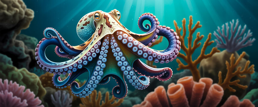 A detailed underwater photograph of an octopus in a coral reef setting.