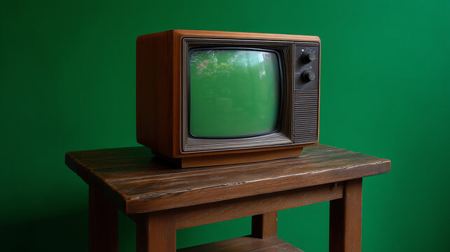 Vintage television with wooden casing sits on a rustic wooden table against a green backdrop, evoking nostalgia and classic retro style from past decades