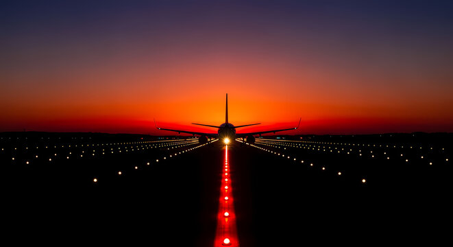 夕焼け空の滑走路へ向かう飛行機、印象的な光の道