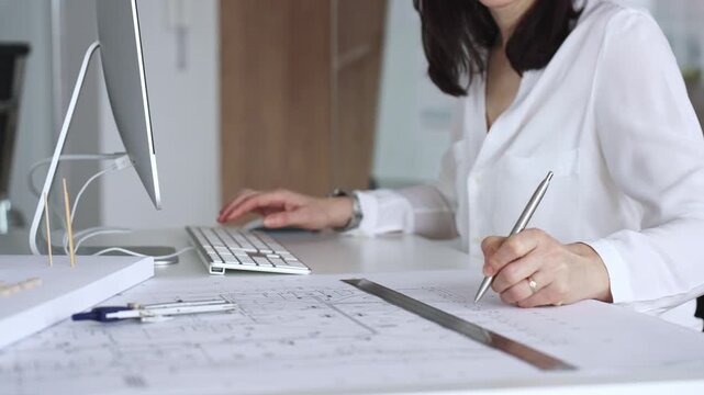 Architect creating new designs, working at a computer in office with blueprints and drafting tools. Business and architecture concept