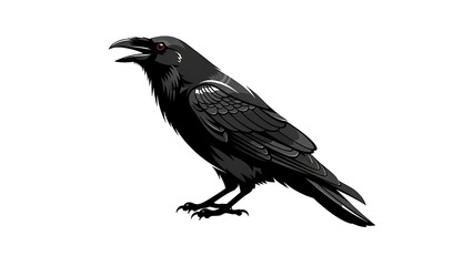 Obraz premium Detailed illustration of a black raven perched and calling on white background.