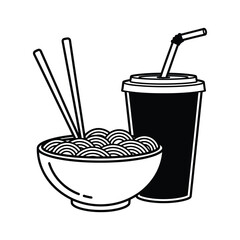 A delicious bowl of steaming noodles with chopsticks and a refreshing drink isolated on transparent background