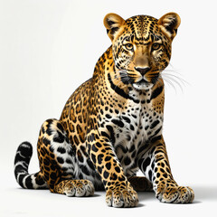 Obraz premium Majestic Lion Sitting with Full Mane and Intense Gaze on White Background