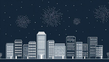 Naklejka premium Silhouette of city skyline, fireworks exploding in the night sky, and small twinkling stars