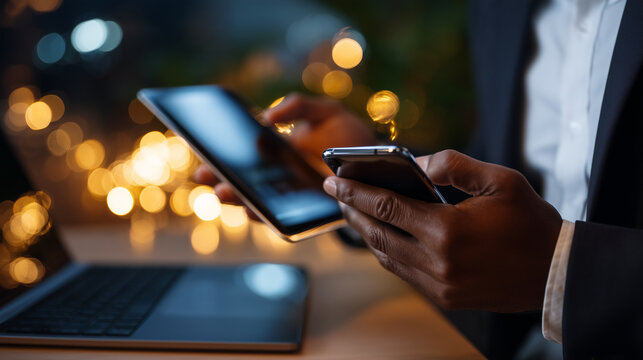 Close-up of faceless hands using a screen cleaner on a smartphone and tablet, dust-free surfaces reflecting office lights, Digital Hygiene concept, sharp focus on reflections, prof