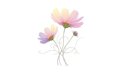 Delicate pastel cosmos flowers with soft translucent petals on white background.