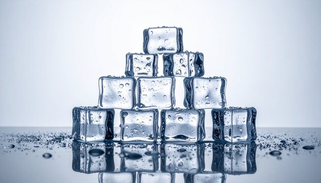 Transparent ice cubes stacked in pyramid formation on reflective surface with water droplets, set against light gray gradient background.