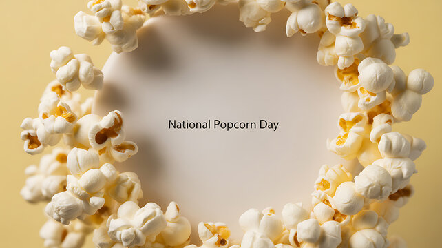 National Popcorn Day celebration with popcorn arranged in a circular frame on a yellow background