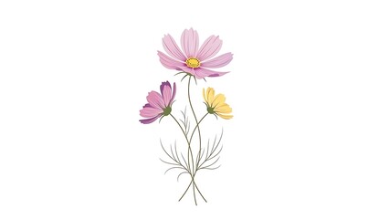 Delicate watercolor illustration of three blooming wildflowers on white background.