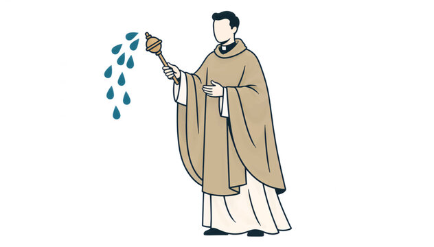 Priest sprinkling holy water. Catholic religious ceremony blessing. Flat vector illustration