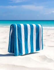Blue Striped Towel on Sandy Beach.