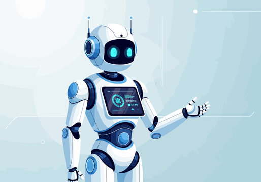 White Robot with Blue Accents Standing.
