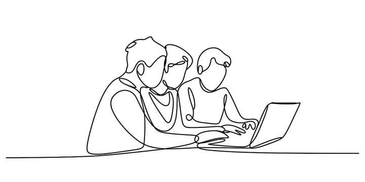 A continuous line art drawing of three people collaborating on a laptop Vector, illustration