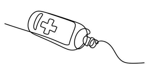 Obraz premium A continuous line drawing of a medical bottle with a cross symbol on a white background Vector, illustration