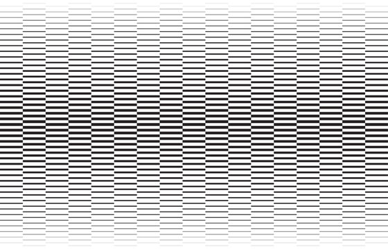 Abstract geometric pattern with a vertical halftone gradient. Black and white vector background made of shifting horizontal dashes creating an optical illusion.