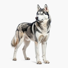 Siberian Husky Standing, Blue Eyes, Black and White Coat, White Background