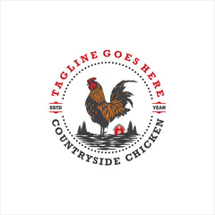 An Emblem Label Style Rooster Countryside Chicken Farm Ranch Logo Design