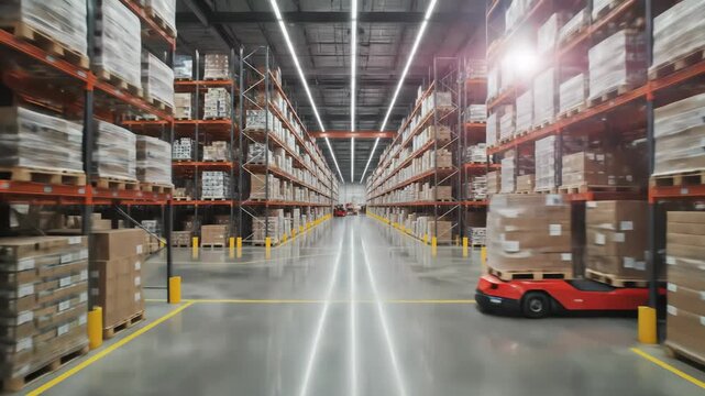Automated Guided Vehicle Navigates Through a Modern High-Tech Warehouse with Rows of Shelves Stocked with Goods