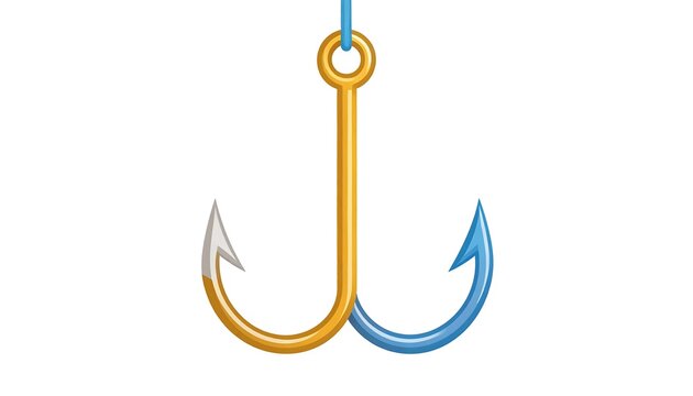 Graphic rendering of a dual-hook fishing implement, with a gold shaft and two differently colored points suspended by blue line