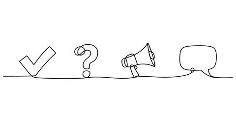 Continuous single line drawing with check mark, question mark, megaphone, and speech bubble