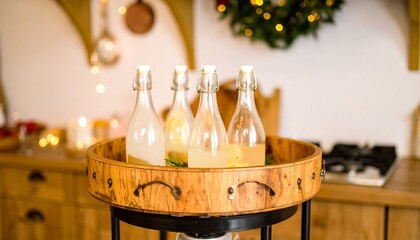 Bottles of Wine on Wooden Barrel.