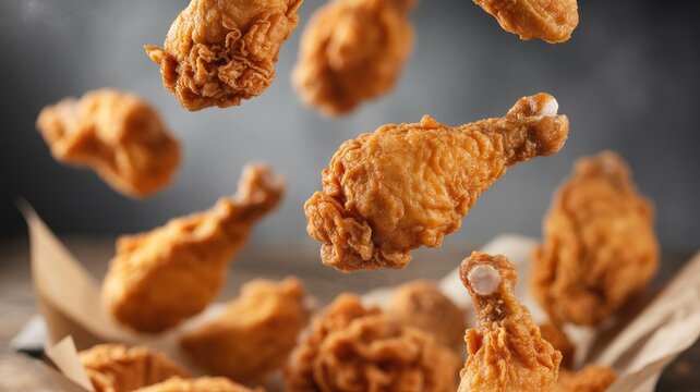 Delicious fried chicken pieces flying through the air