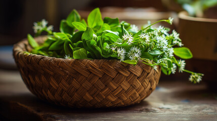 Fototapeta premium woodruff. Woven wooden basket filled with freshly picked woodruff herbs in a rustic kitchen. menu design, packaging mockups, designed for culinary blogs and recipe cards for restaurants.