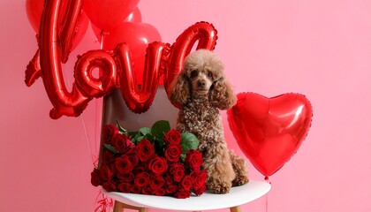 Valentine&rsquo;s Day Scene with Poodle and Balloons Symbolizing Romance and Editorial Styling for Seasonal and Lifestyle Themes