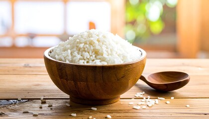 Bowl of White Rice on Wooden Table.