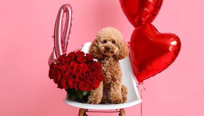 Valentine&rsquo;s Day Scene with Poodle and Balloons Symbolizing Romance and Editorial Styling for Seasonal and Lifestyle Themes